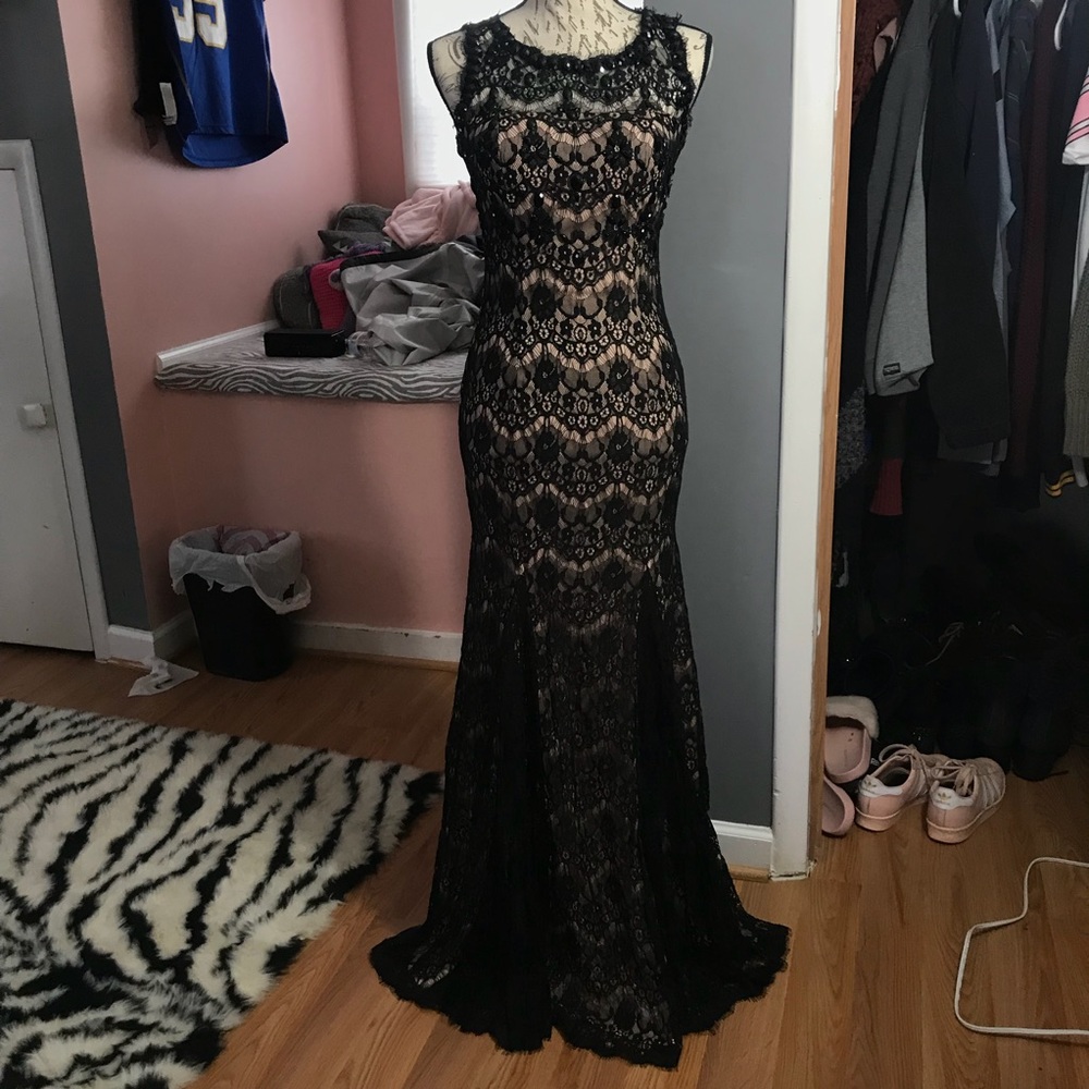 Black and nude lace prom dress